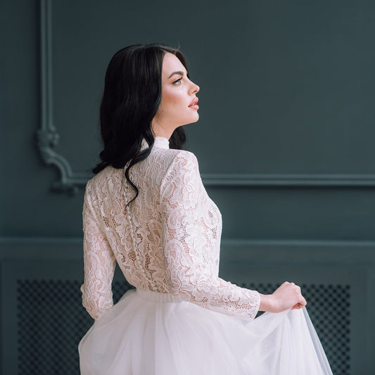 Married in the Morning Bridal Lace Top paired with an ivory tulle skirt for a pure princess wedding look.