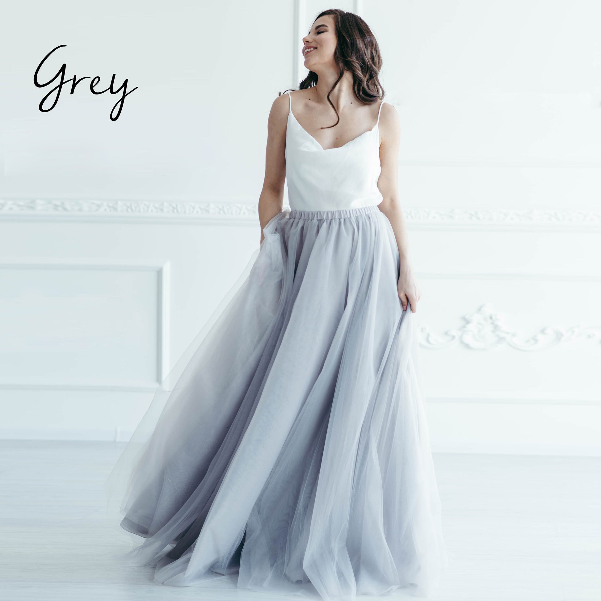Grey tulle skirt · minimal wedding look · bridal separates