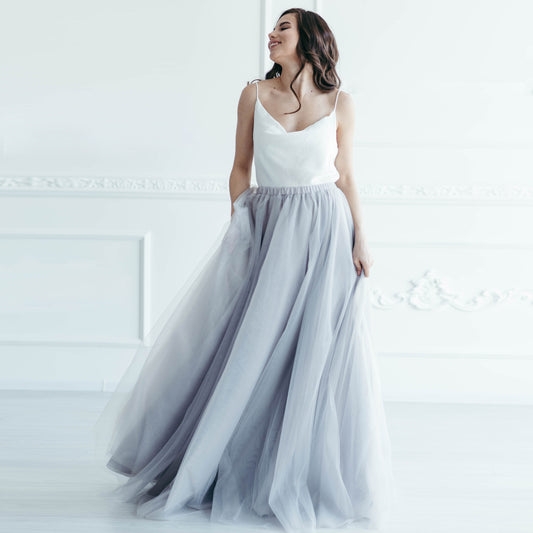Light grey bridal skirt for elopements and outdoor weddings