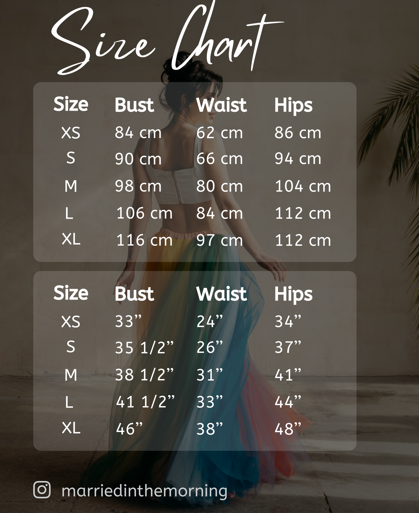 Size chart including XS–XL measurements in inches and cm — supports inclusive sizing for all body types.