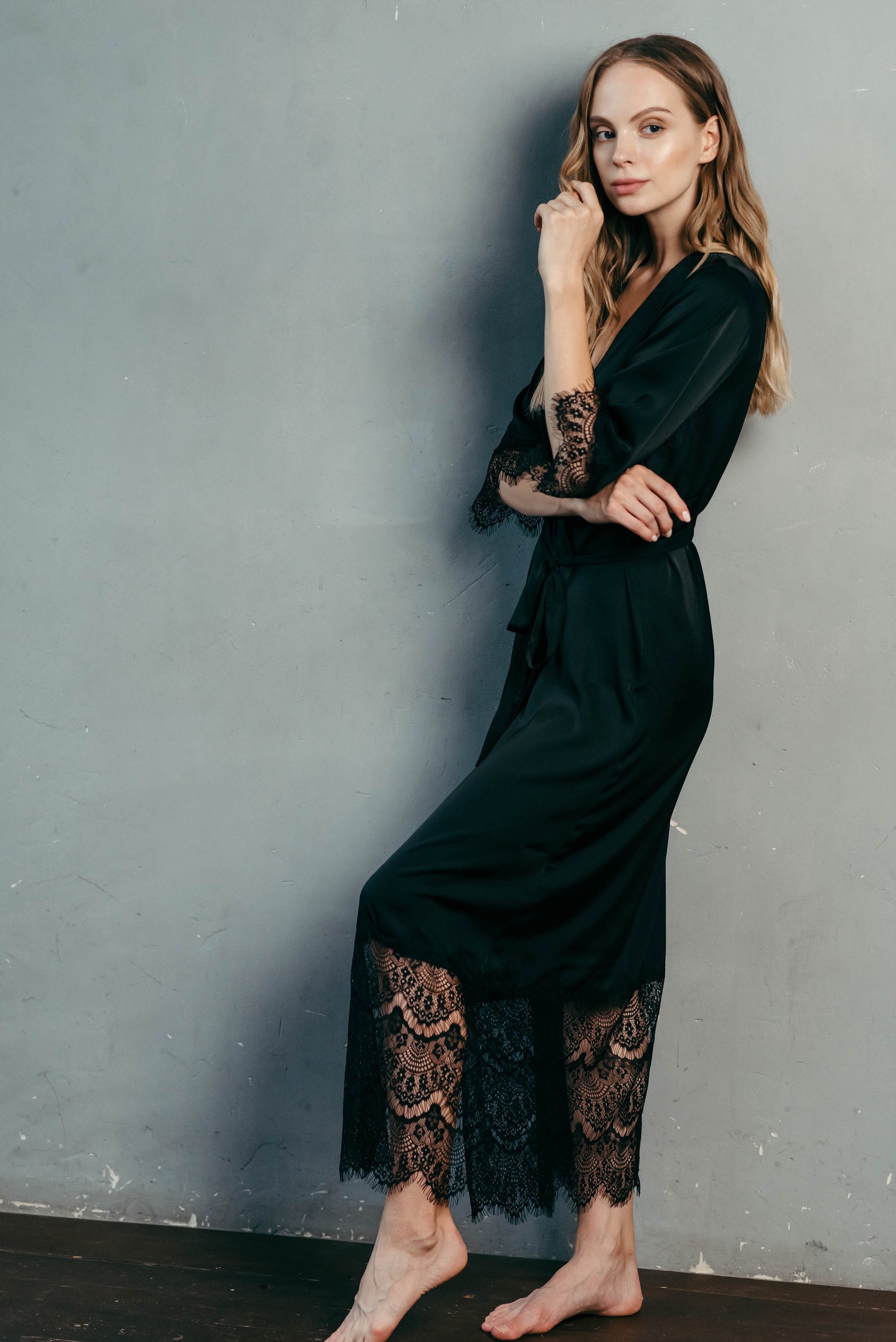 Lace Bridal Robe - Long Lace Robe - Lace Wedding Robe - White Bridal Robe - Black Robe - Long Bridesmaid Robe - Dressing Gown