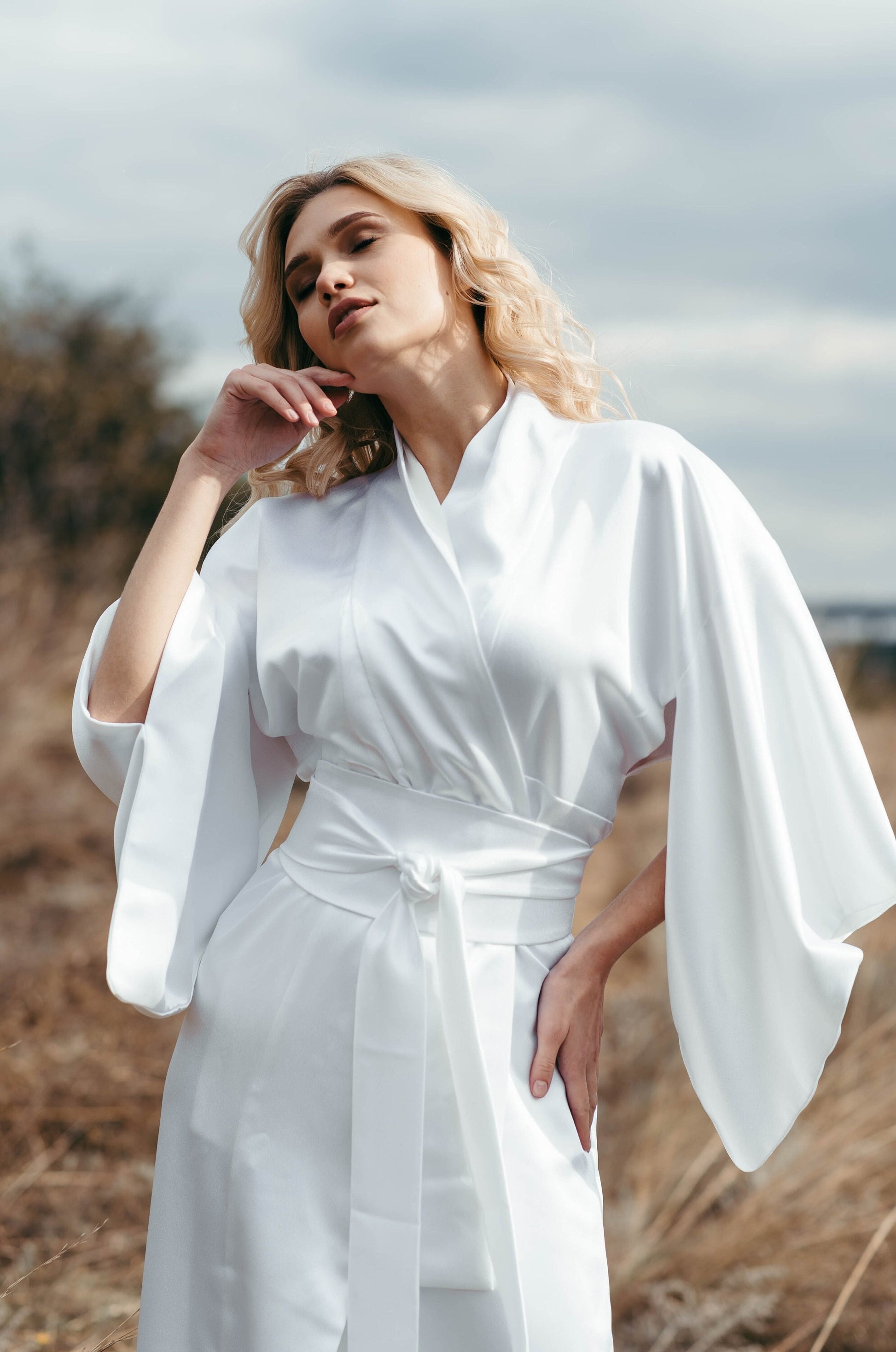 Japanese Kimono Women - Traditional Kimono - Satin Bridal Robe - Bridesmaid Robe - Long Kimono Jacket - Japan Dress - Obi Belt