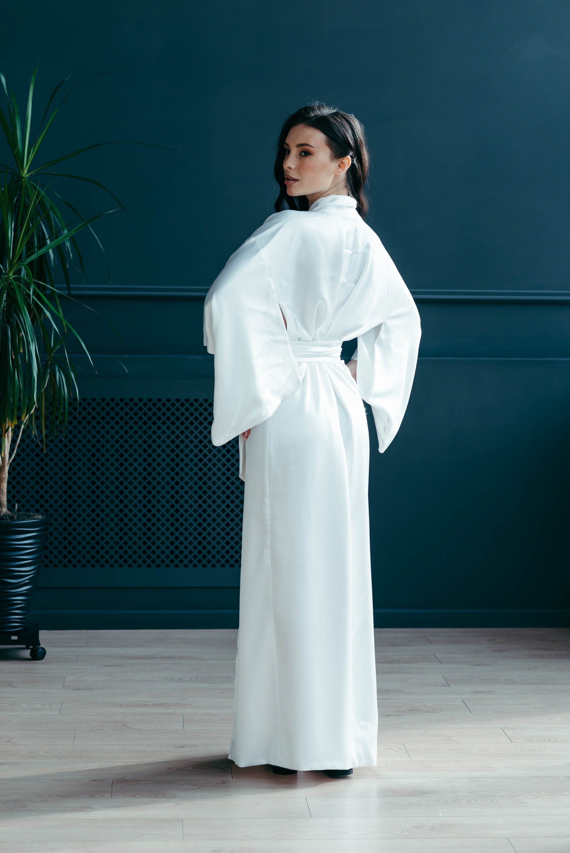 Japanese Kimono Women - Traditional Kimono - Satin Bridal Robe - Bridesmaid Robe - Long Kimono Jacket - Japan Dress - Obi Belt