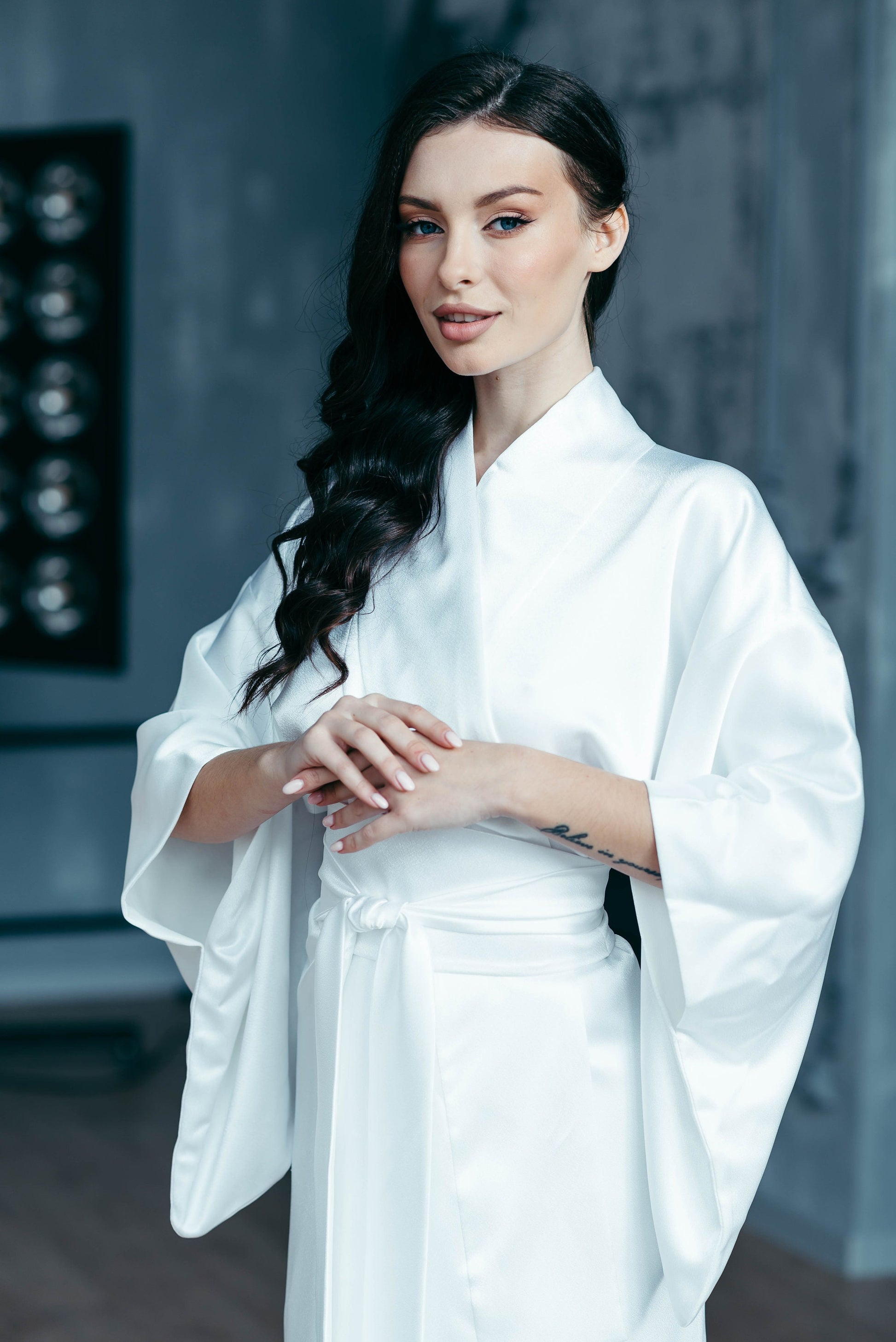 Japanese Kimono Women - Traditional Kimono - Satin Bridal Robe - Bridesmaid Robe - Long Kimono Jacket - Japan Dress - Obi Belt