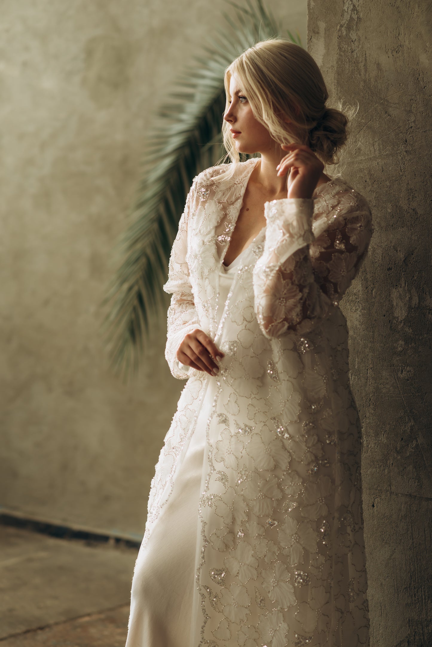Lace Bridal Cape with Sleeves – Sequins and Flowers