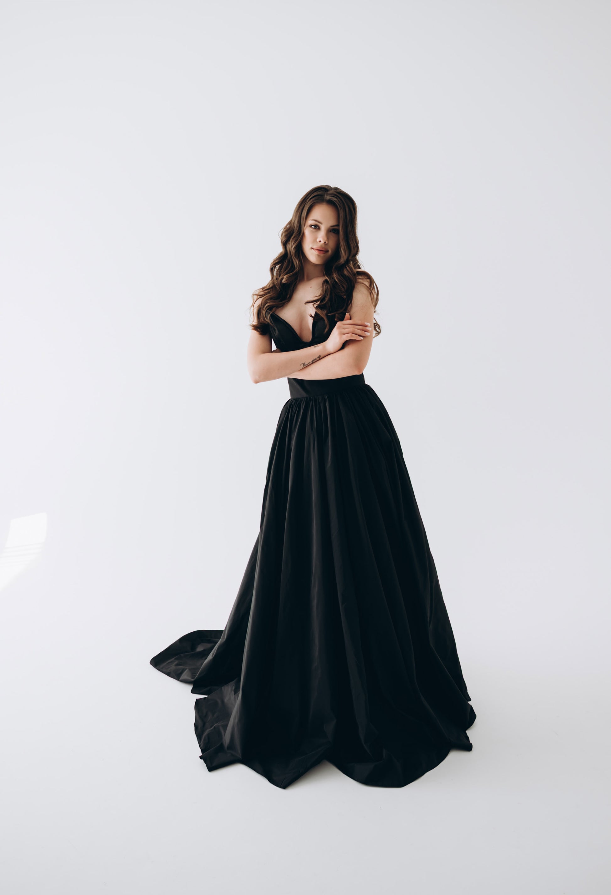 Black bridal skirt in motion, showing lightweight volume and soft structure