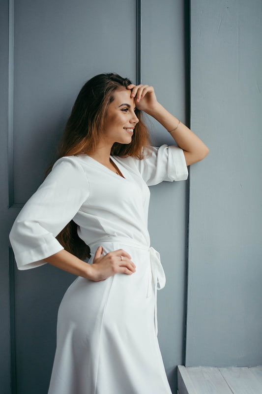 Ankle-length white bridal kimono robe worn as dressing gown