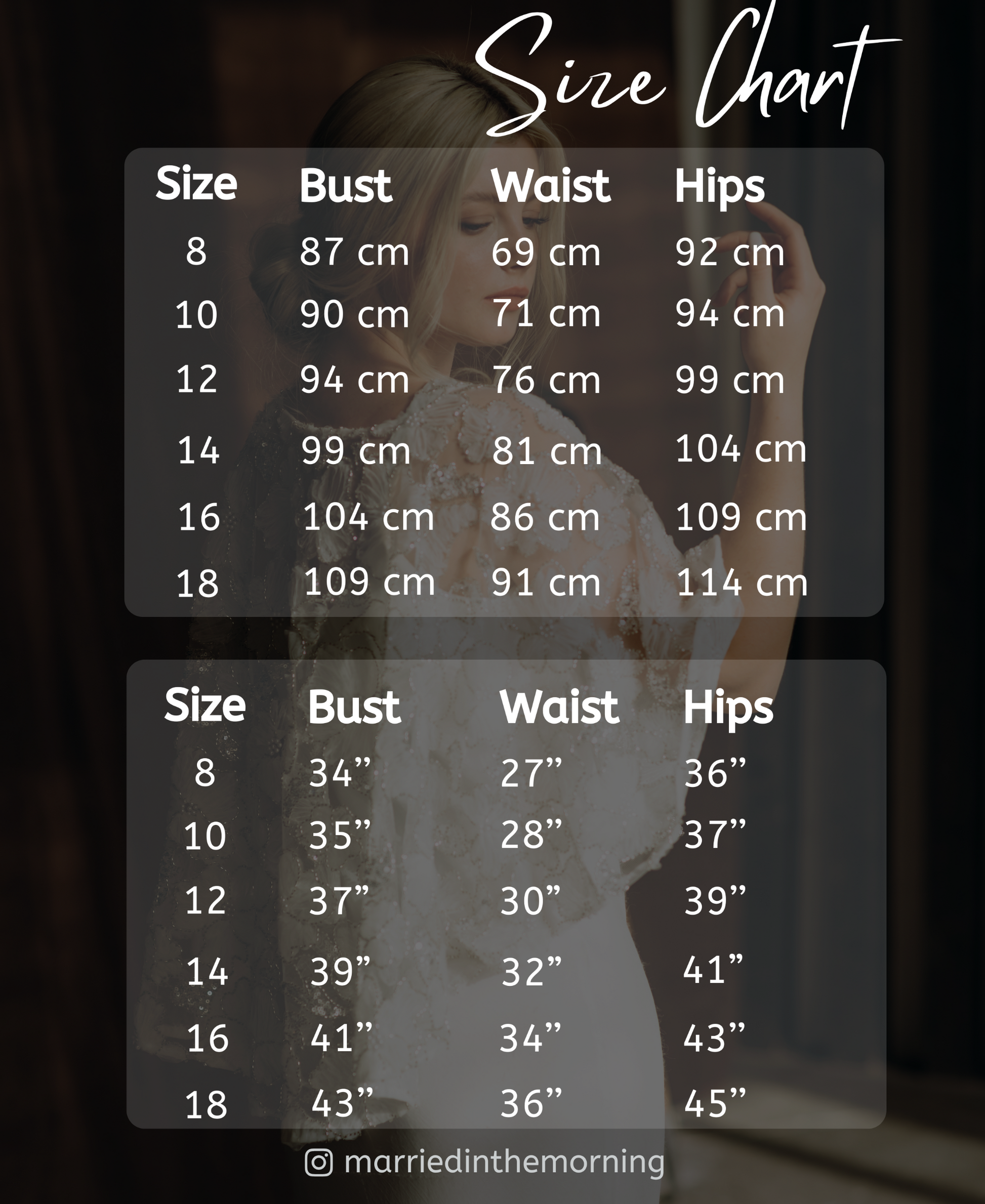 Married in the Morning Birmingham Bespoke Bridal Wear Size Guide.