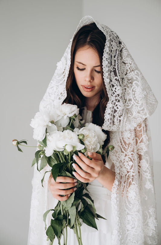 Ivory hooded bridal cape in corded lace with 3D floral accents and beading - veil alternative with coverage