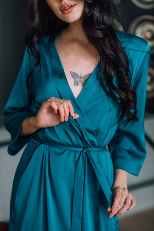 Chic teal bridal kimono robe perfect for hen party gift or anniversary morning wear