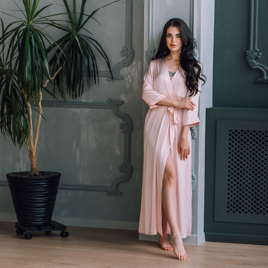 Long blush pink robe for bridesmaid or mother of the bride, lightweight satin kimono