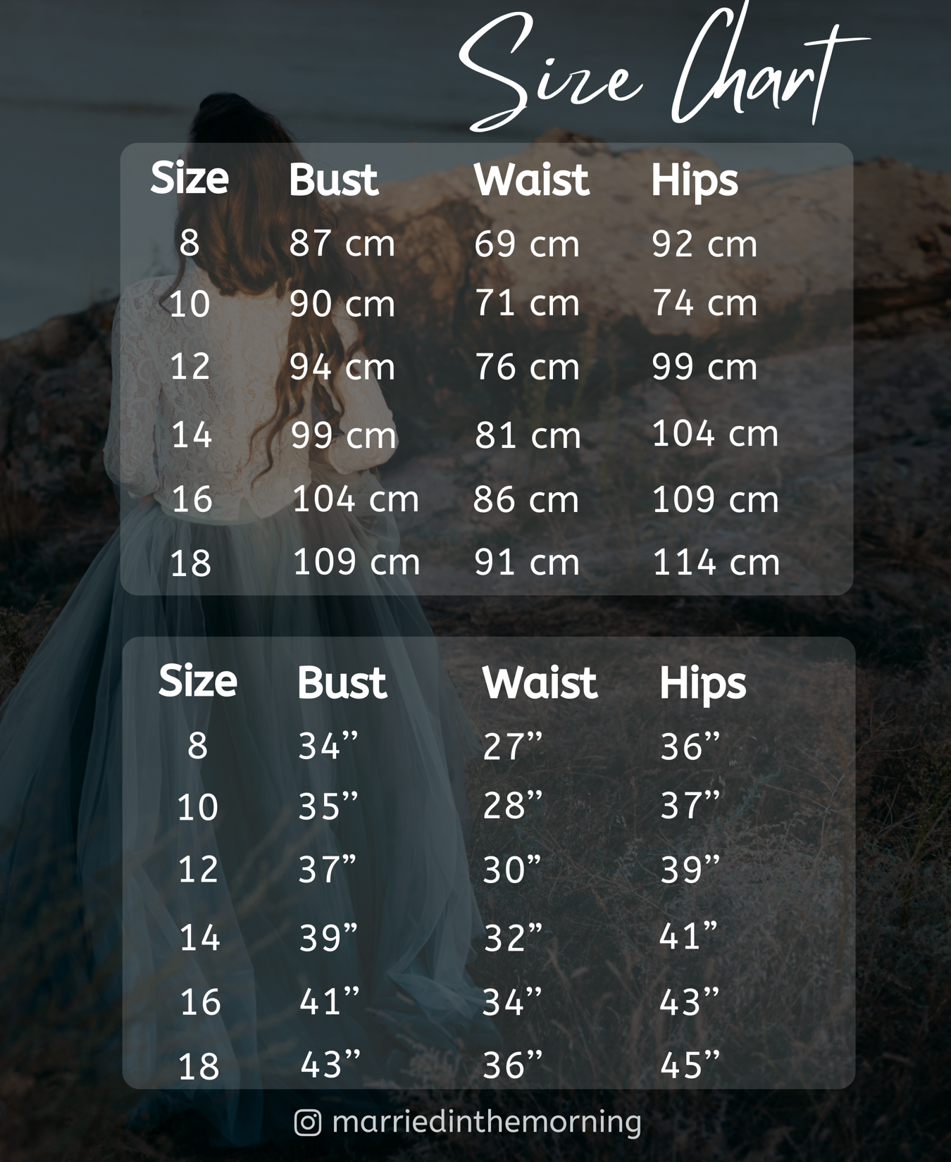 Married in the Morning Birmingham Bespoke Bridal Wear Size Guide.