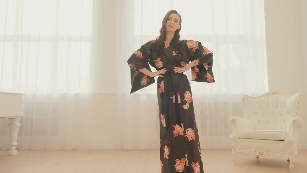 Japanese Kimono Women - Traditional Kimono - Satin Bridal Robe - Bridesmaid Robe - Long Kimono Jacket - Japan Dress - Obi Belt