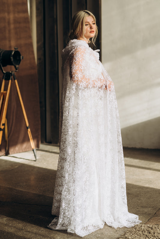 Lace Bridal Cape - White Wedding Cloak with Hood