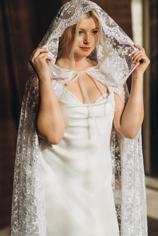 Lace Bridal Cape - White Wedding Cloak with Hood