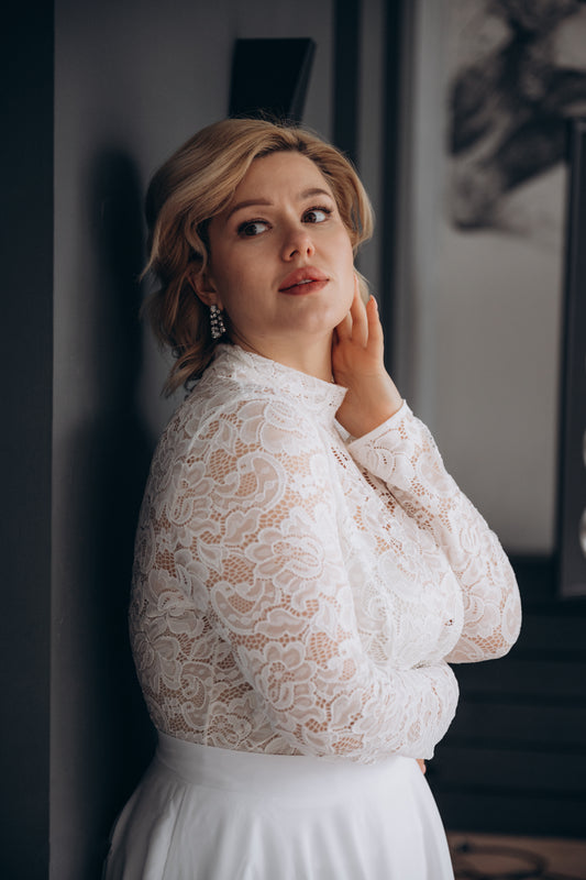 Suki High Neck Lace Wedding Top | White Bridal Separate