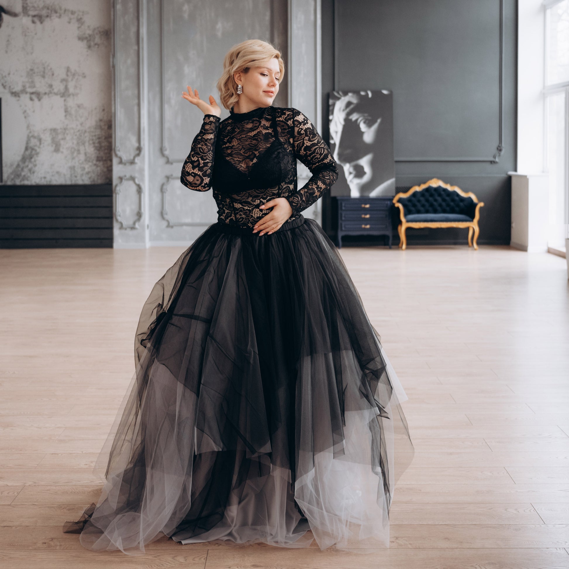 Black and Grey Wedding Tulle Skirt With a Train