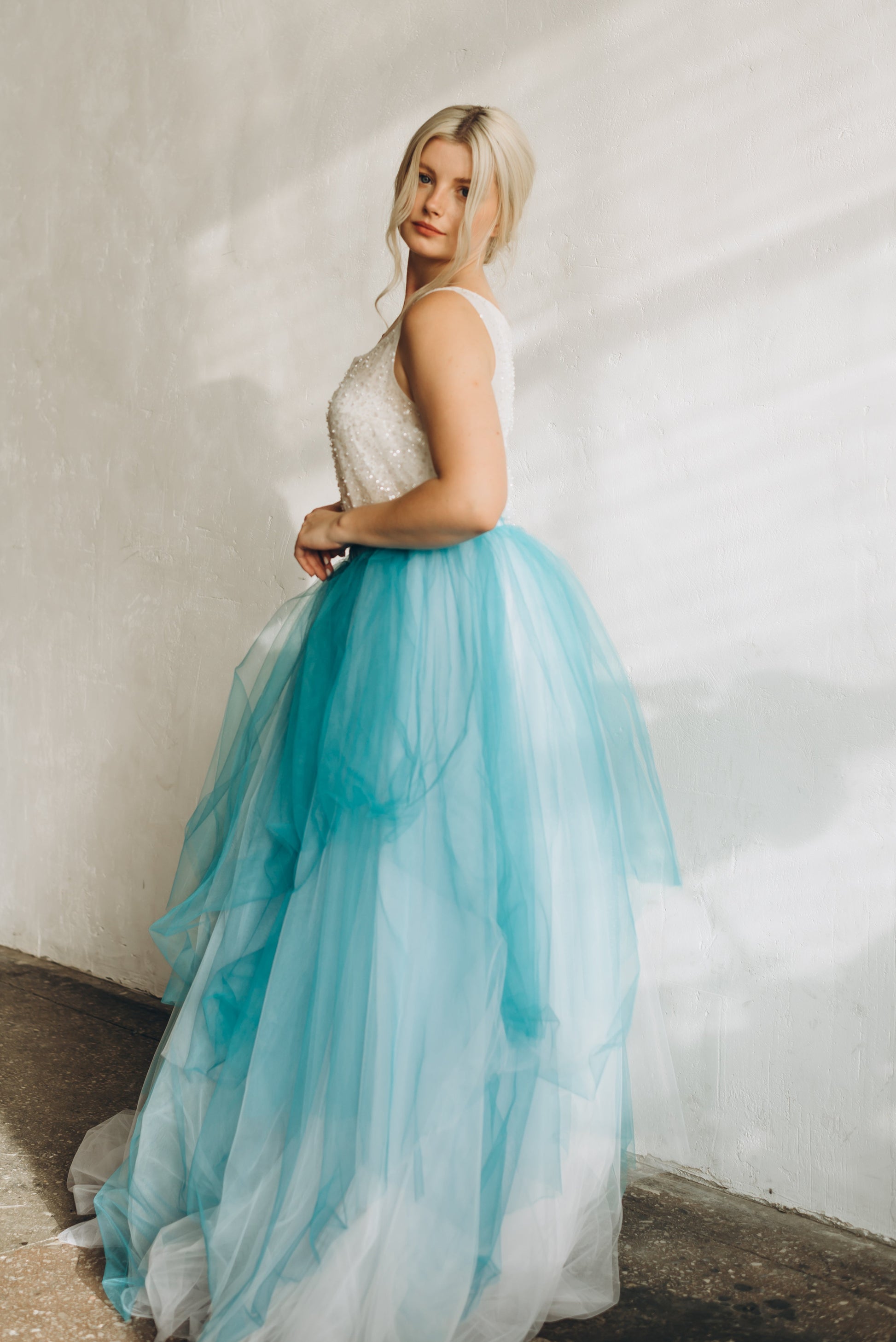White & Teal Ombre Wedding Skirt Beach Bridal Skirt with Train Married in the Morning White & Teal Ombre Wedding Skirt Beach Bridal Skirt with Train Married in the Morning
