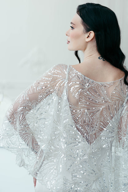 Botanical beaded lace capelet, ginkgo motif bridal cover up