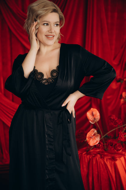 Black satin bridesmaid robe, detail view