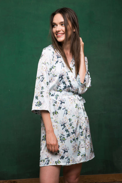 Floral satin bridesmaid robe, long kimono dressing gown