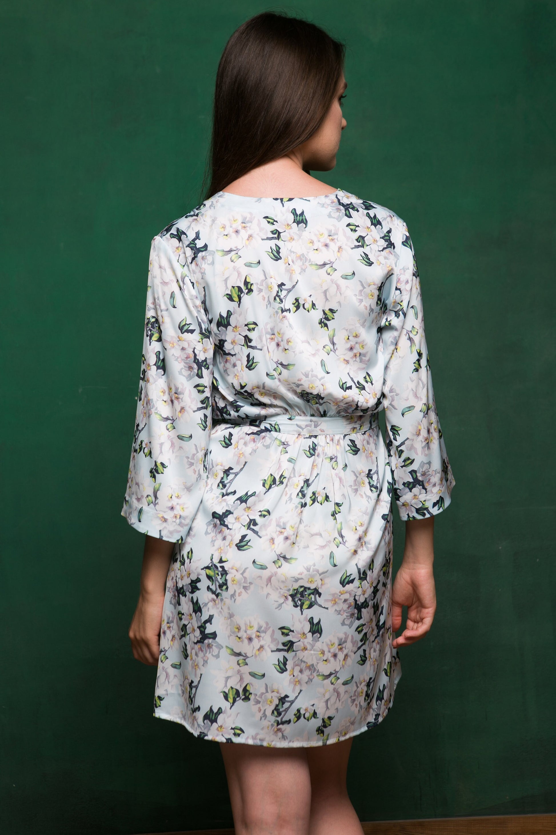 Printed floral bridesmaid robe styled for wedding morning