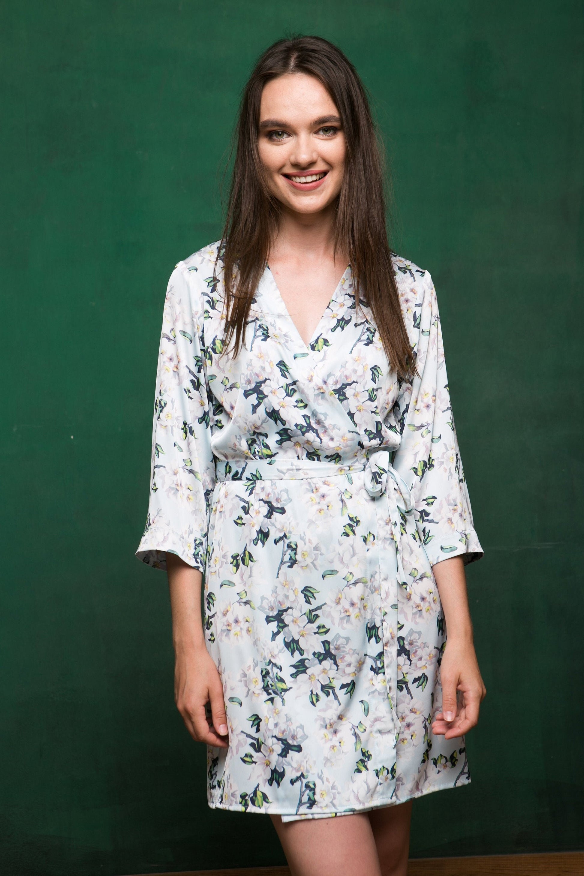 Floral kimono robe detail, satin bridesmaid dressing gown