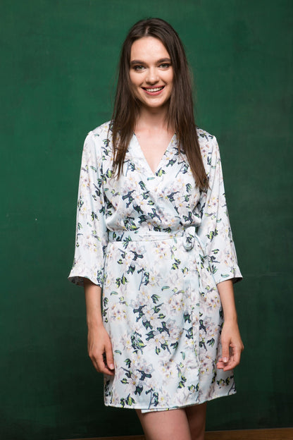 Floral kimono robe detail, satin bridesmaid dressing gown