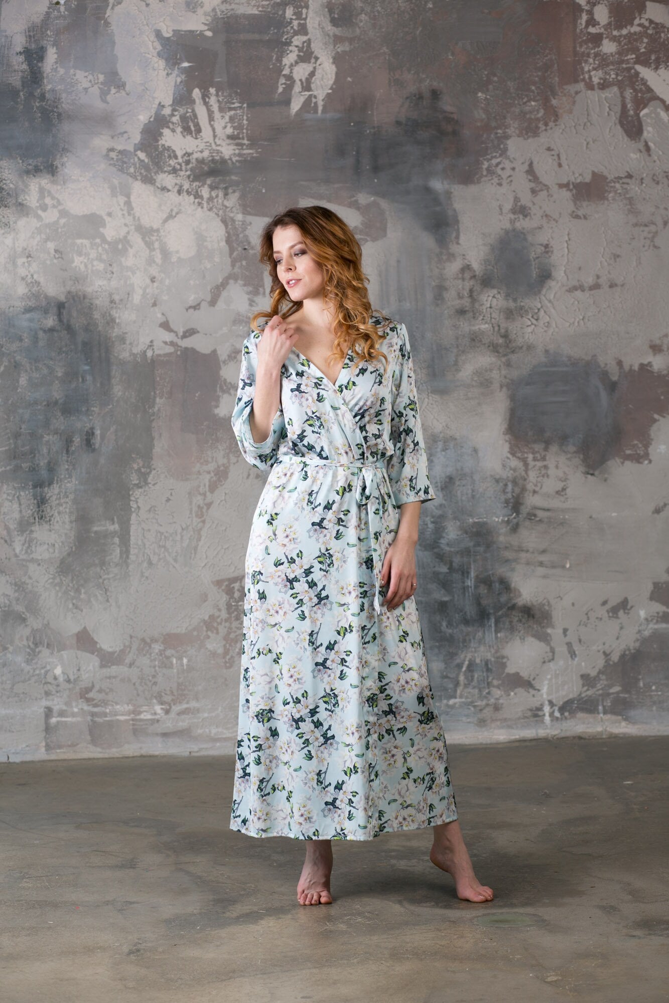 Floral bridesmaid robe styled for getting ready photos