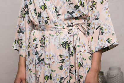 Long floral satin robe styled as bridal party gift