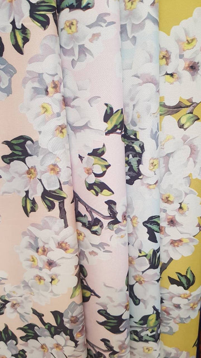 Floral satin bridesmaid robe fabric flat lay, print detail