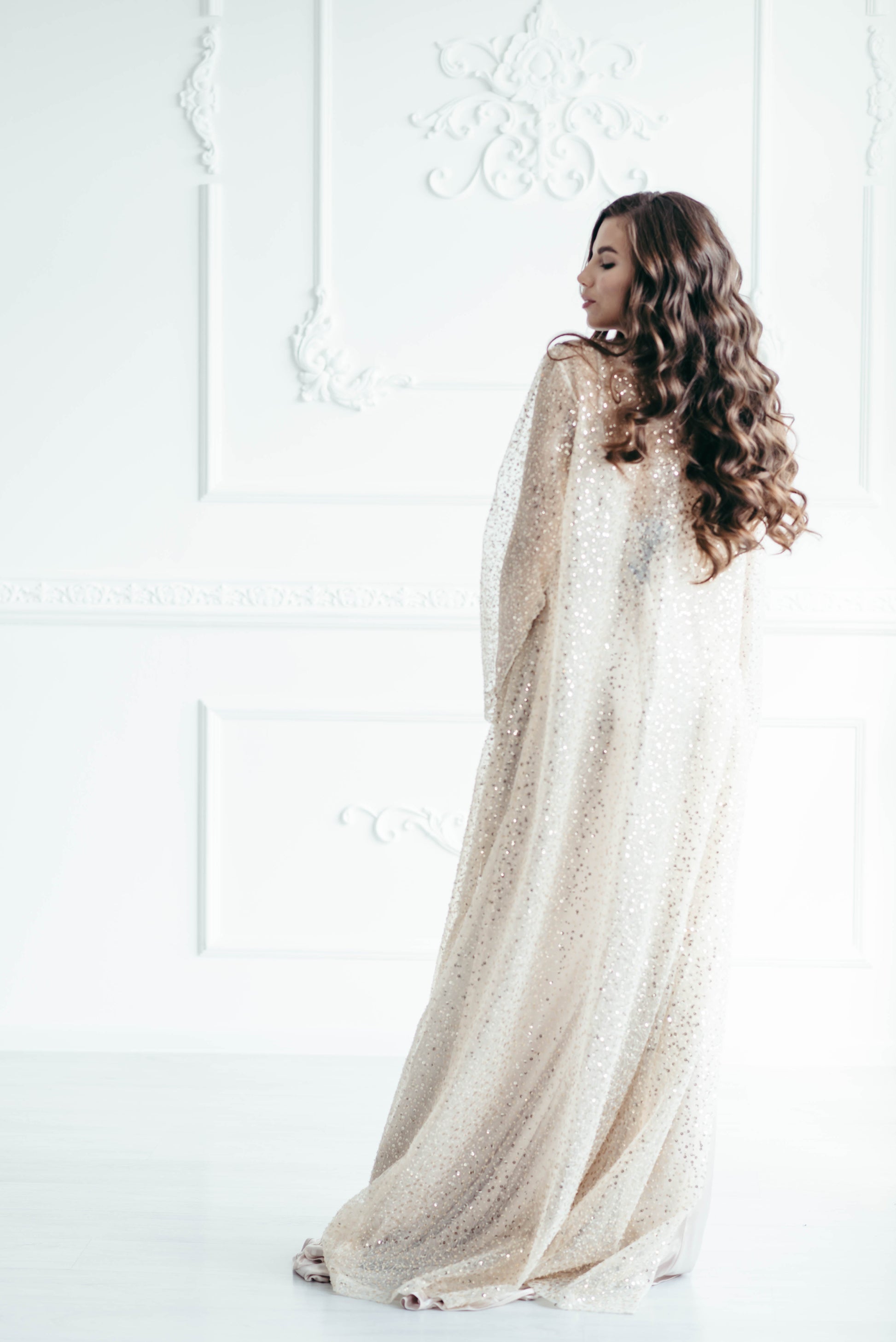 Iona sequin wedding cover up, side profile, natural light
