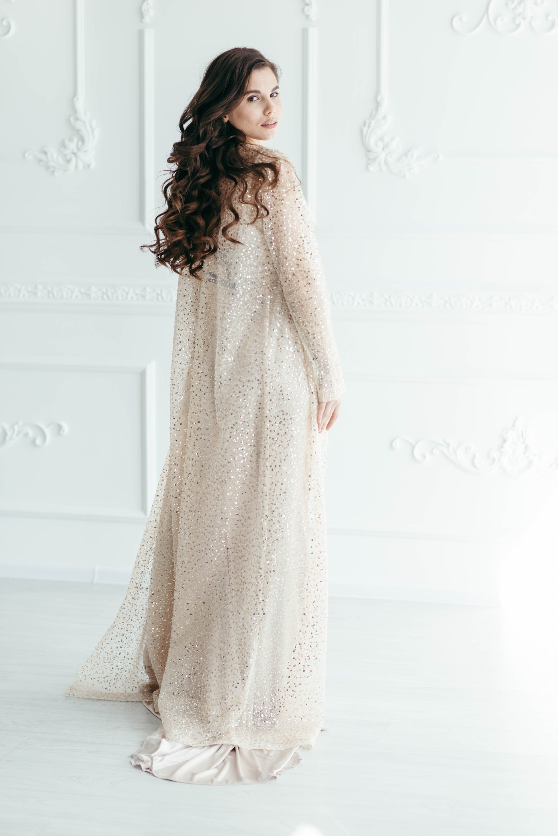 Iona sequin bridal cape, gold, full length front view, studio