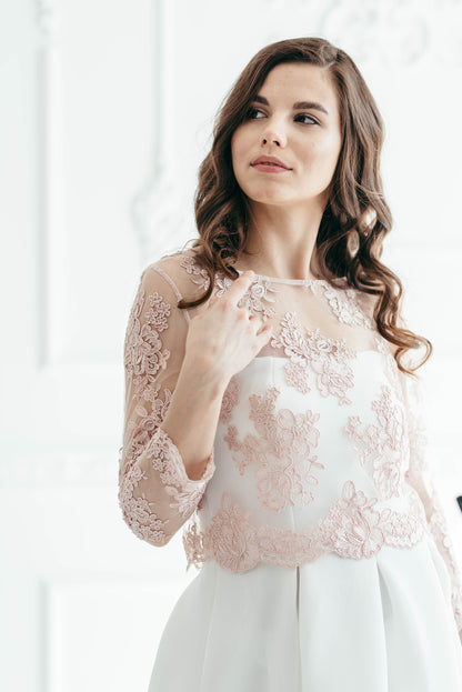 Wedding Dress Top, Wedding Dress Topper, Lace Bridal Top, Bridal Top Separate, Lace Wedding Top, Wedding Bolero, Lace Bolero, Pink Lace Top