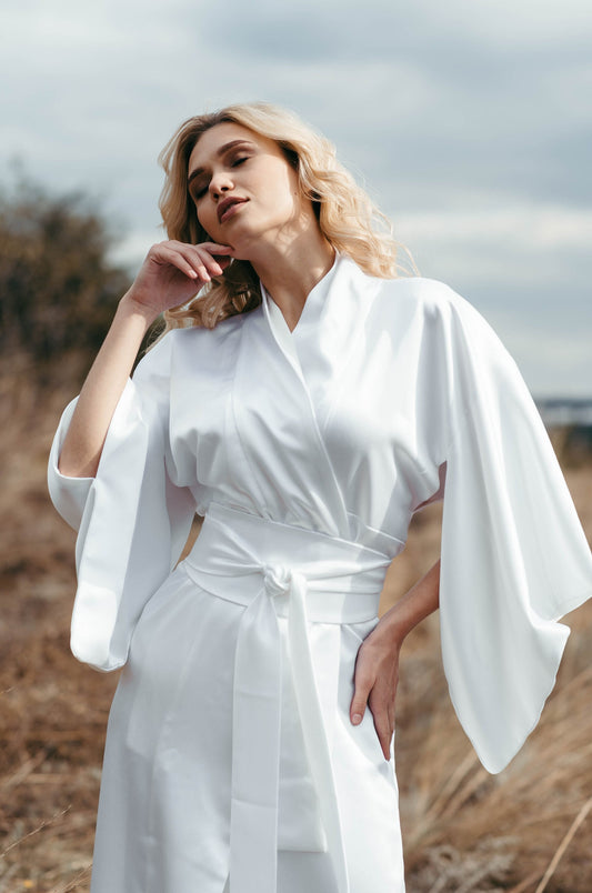 Japanese Kimono Women - Traditional Kimono - Satin Bridal Robe - Bridesmaid Robe - Long Kimono Jacket - Japan Dress - Obi Belt