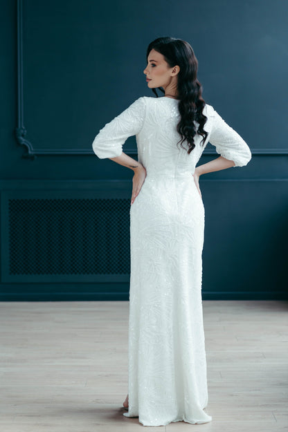 Beaded Wedding Dress, SAMPLE SALE, Long Sleeve Wedding Dress, Elopement Dress, Hollywood Wedding Dress, Size S, Small Size