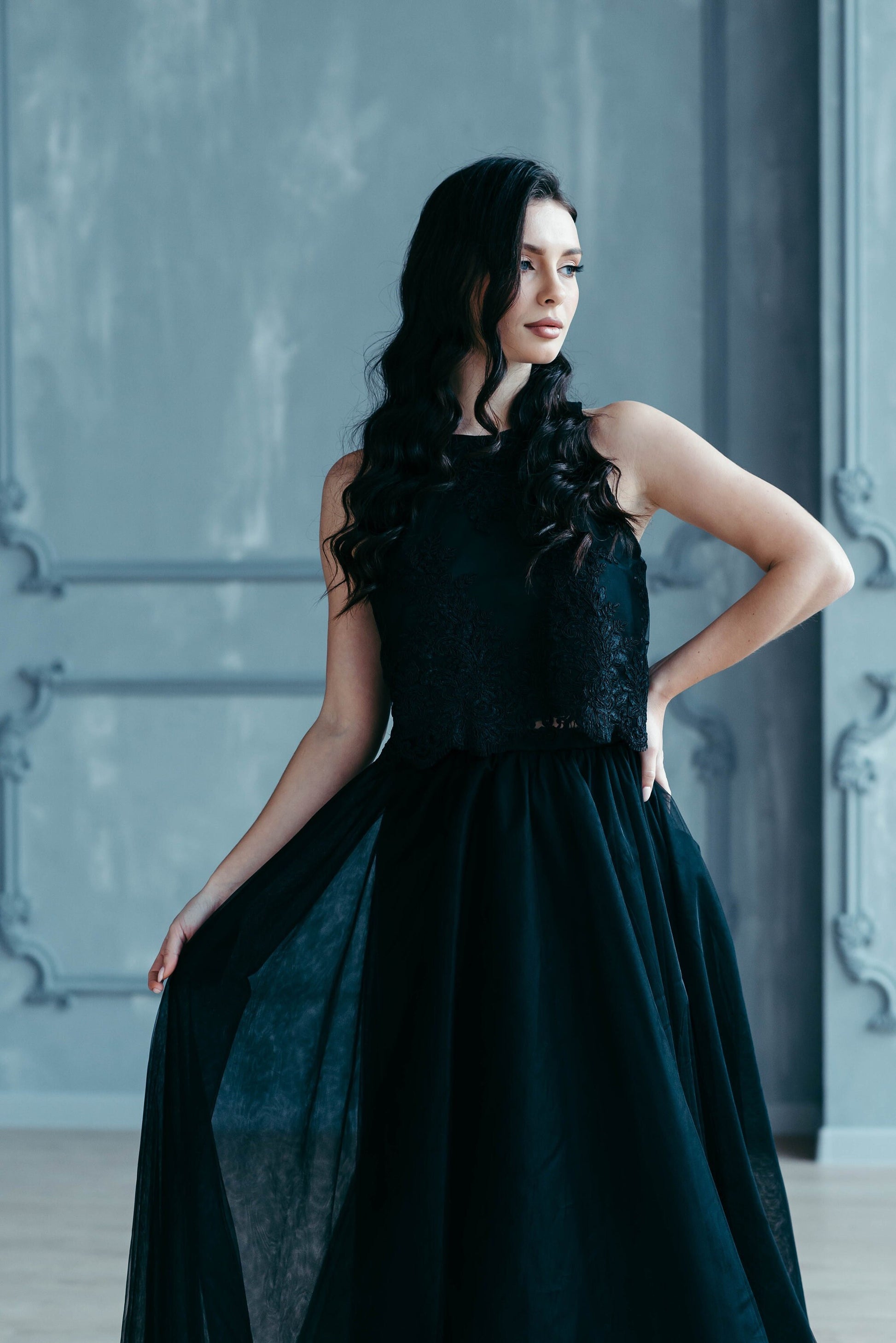 Black Wedding Dress, Tulle Skirt, Black Lace Top, Evening Top, Gothic Wedding Dress, Black Lace Top, Black Blouse, Wedding Separates