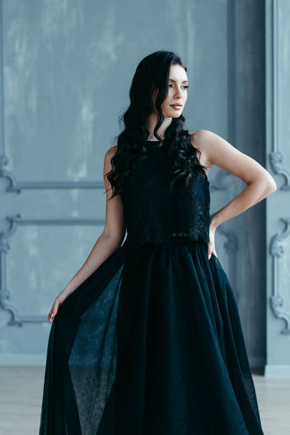 Black Wedding Dress, Tulle Skirt, Black Lace Top, Evening Top, Gothic Wedding Dress, Black Lace Top, Black Blouse, Wedding Separates