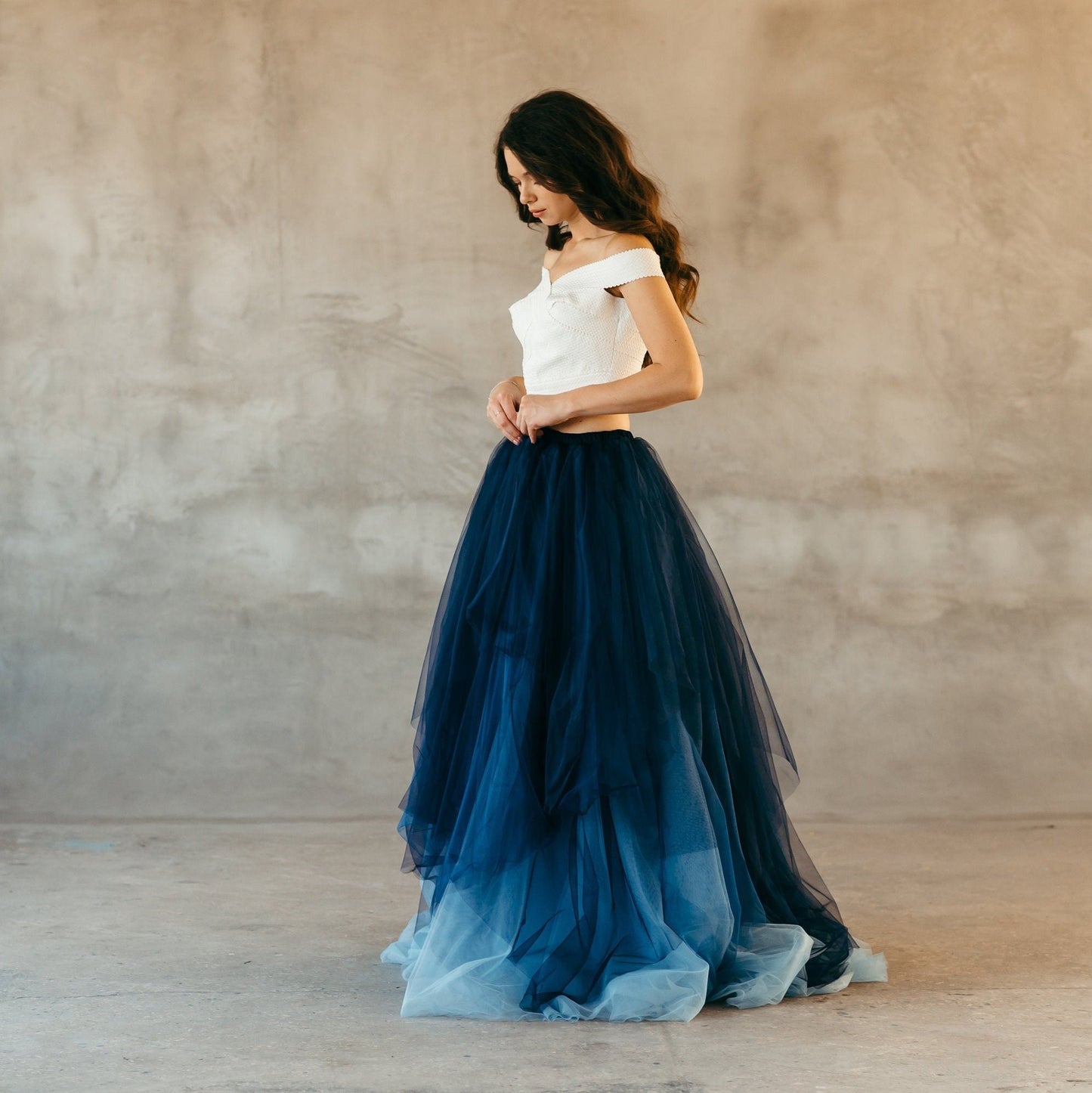 modern bridal skirt for contemporary wedding - tulle skirt in the shades of blue, resembling the colours of deep sea waters