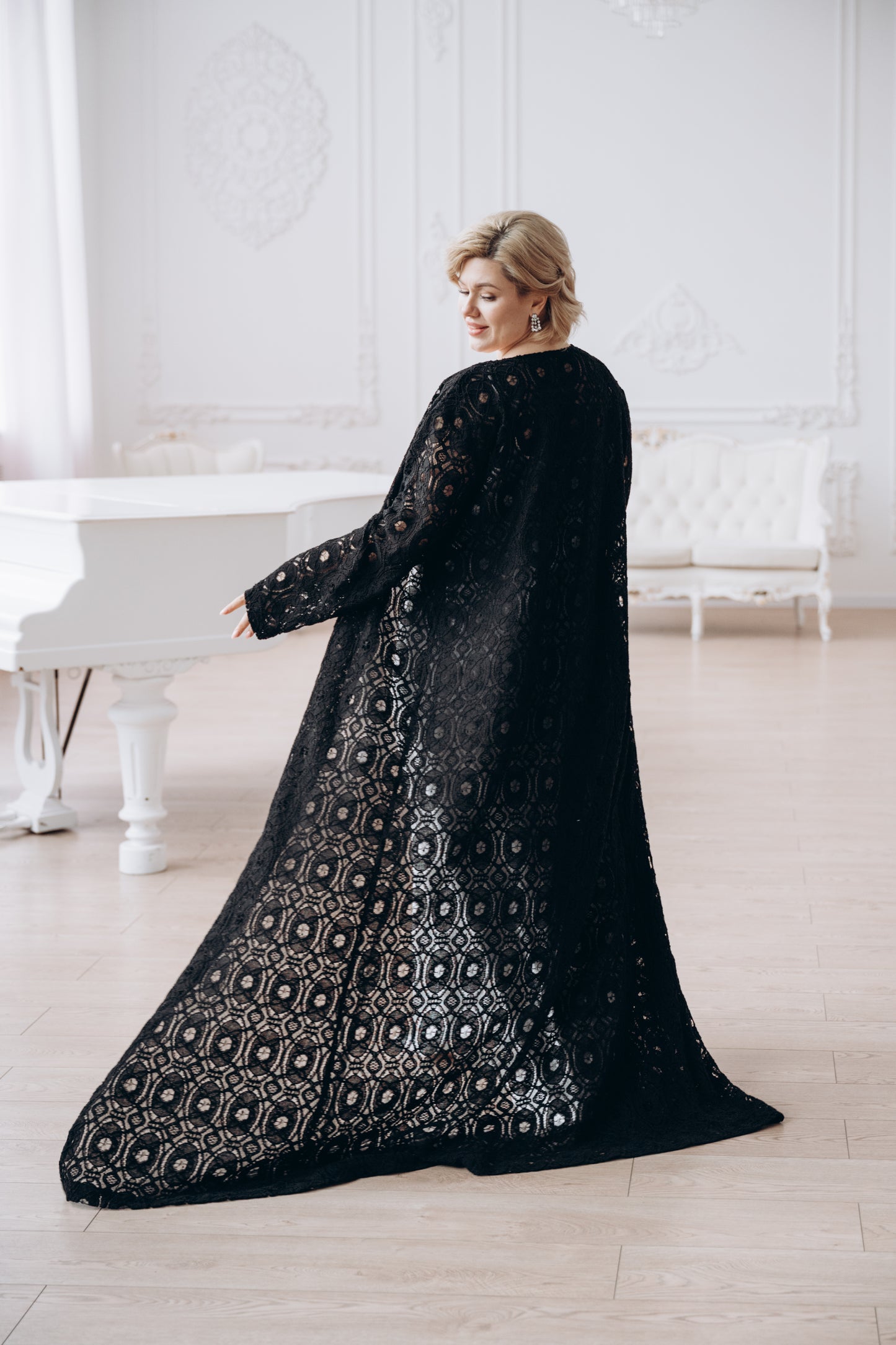 Black macramé lace bridal cape, full length front view