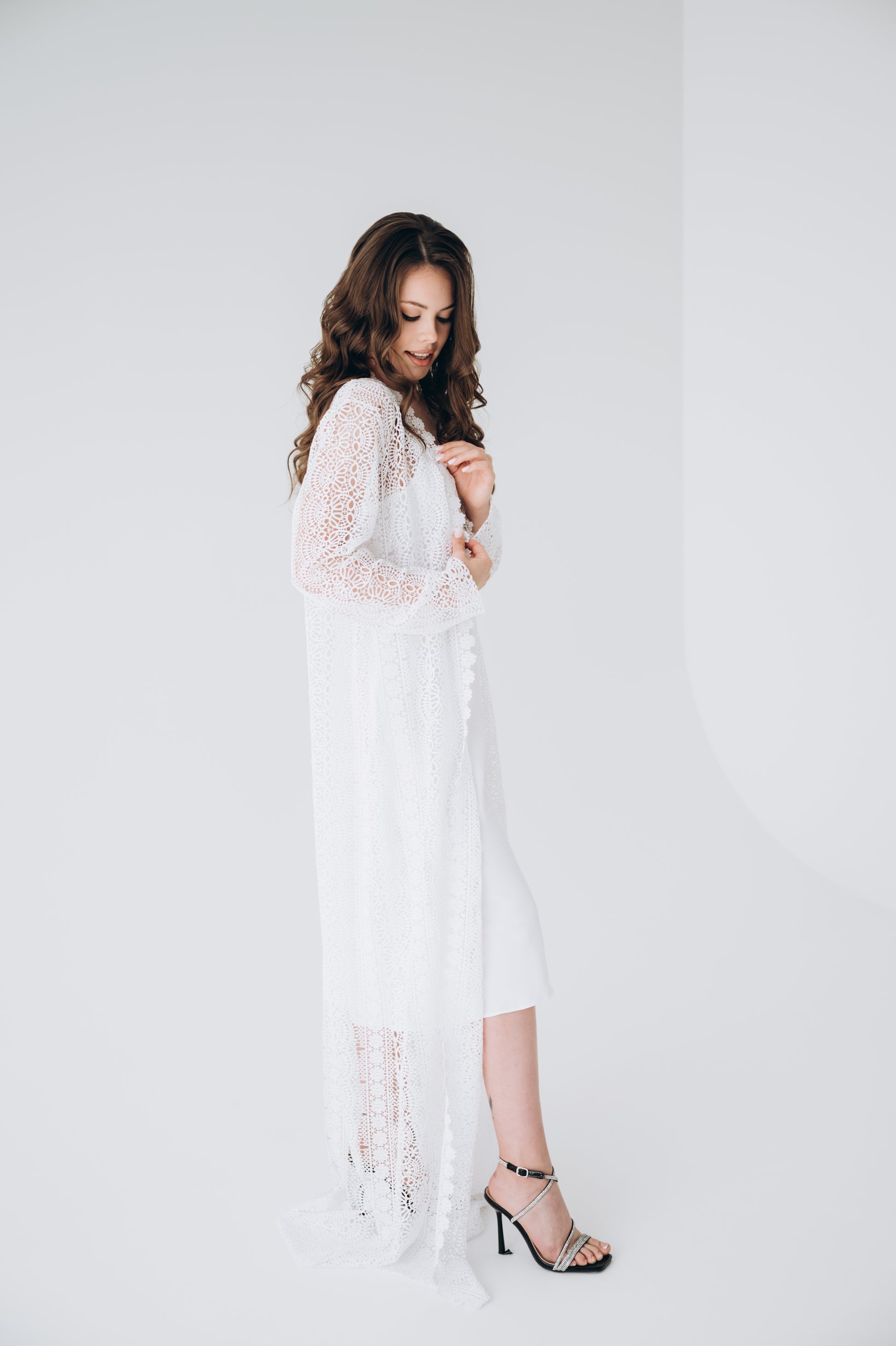 White lace bridal robe, close up detail