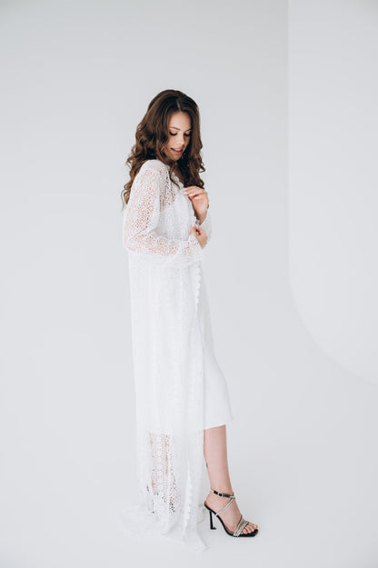 White lace bridal robe, close up detail