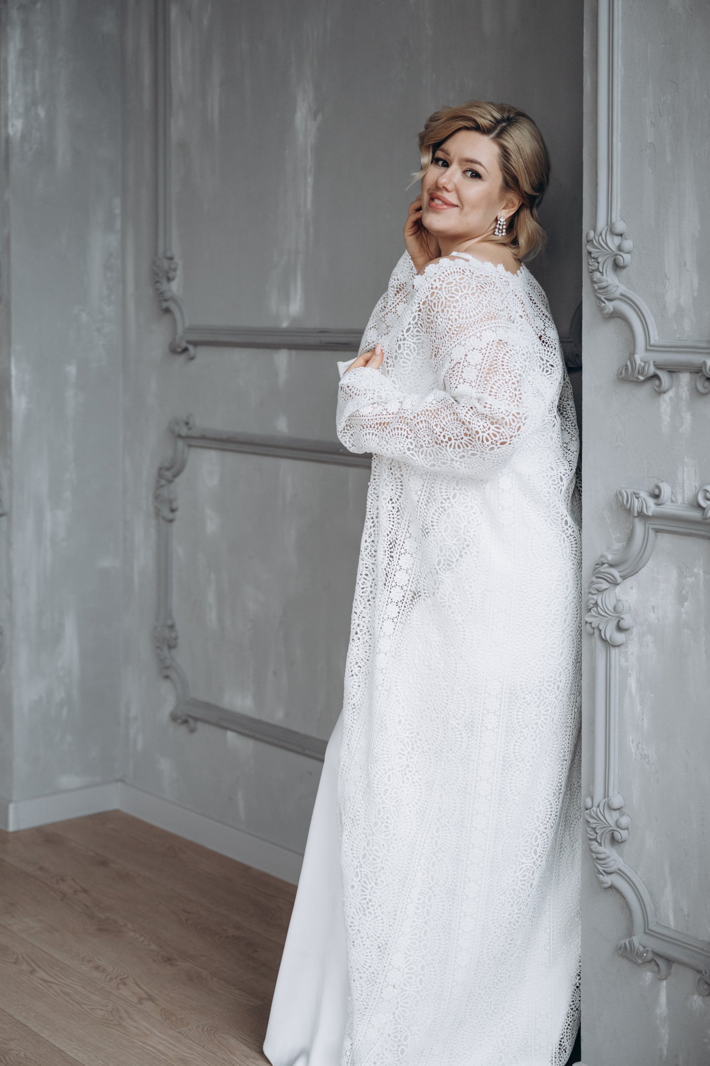 White lace bridal robe, side profile