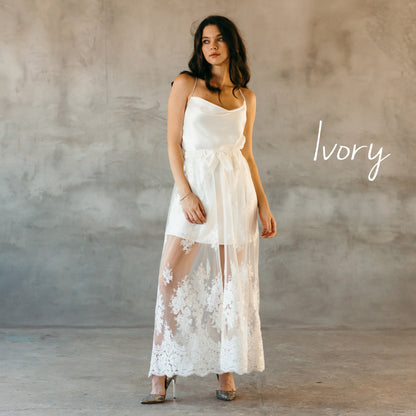 Ivory lace skirt paired with a strappy dress creating an elegant wedding overskirt style or a timeless look for elopements.