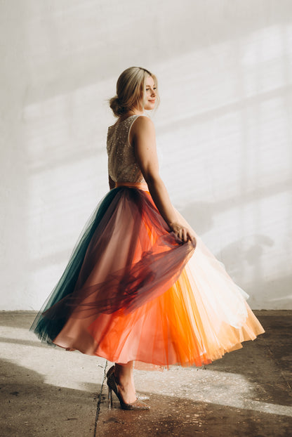 Bride in a colorful rainbow weddong separates