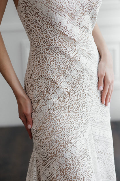 lose-up of macramé lace fabric on Liv ivory wedding dress