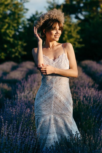 Fitted bodice of Liv ivory macramé lace wedding dress - custom made, UK brand Married in The Morning