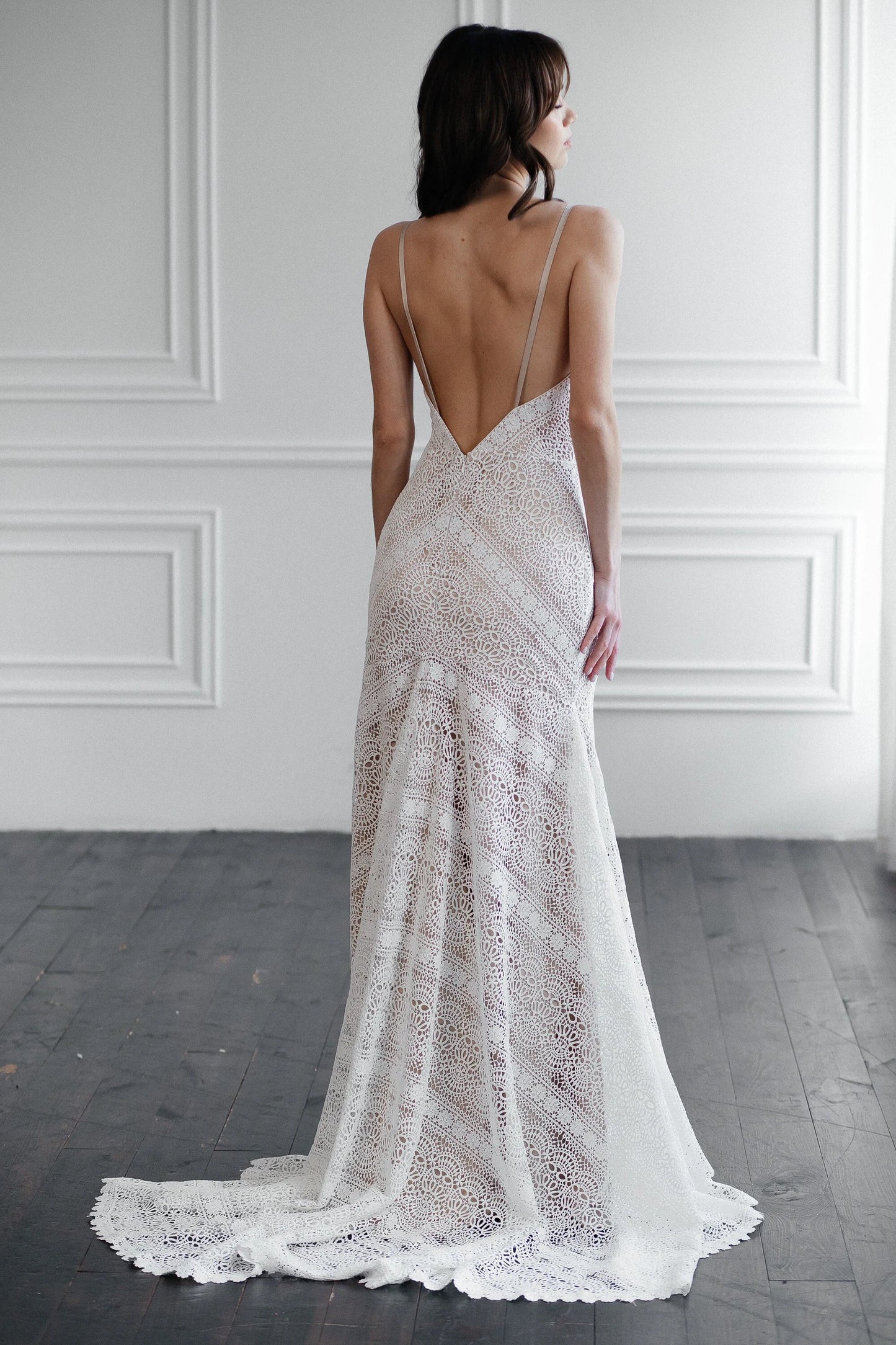 Open back detail of Liv macramé lace wedding dress with nude satin straps