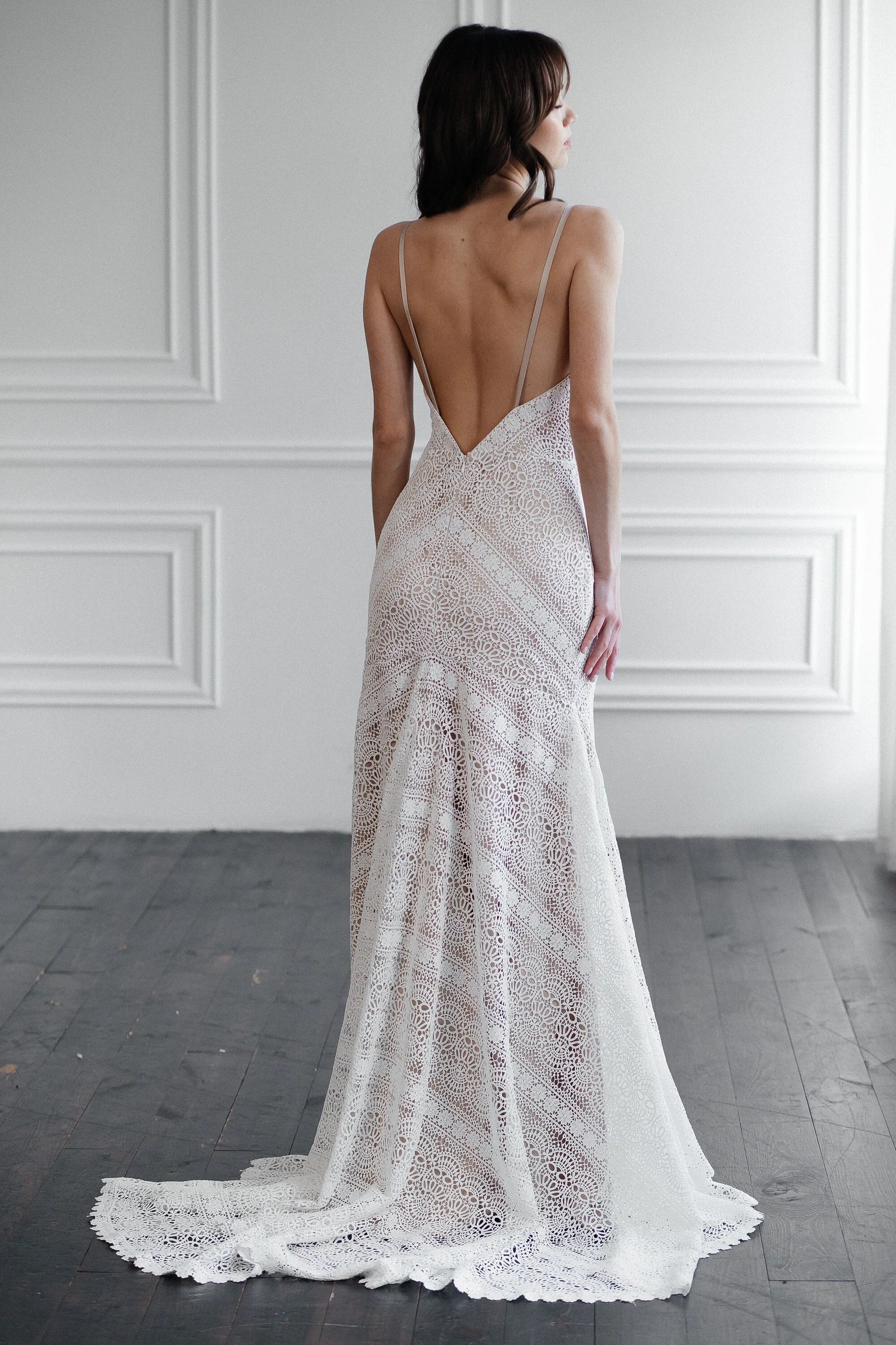 Open back detail of Liv macramé lace wedding dress with nude satin straps