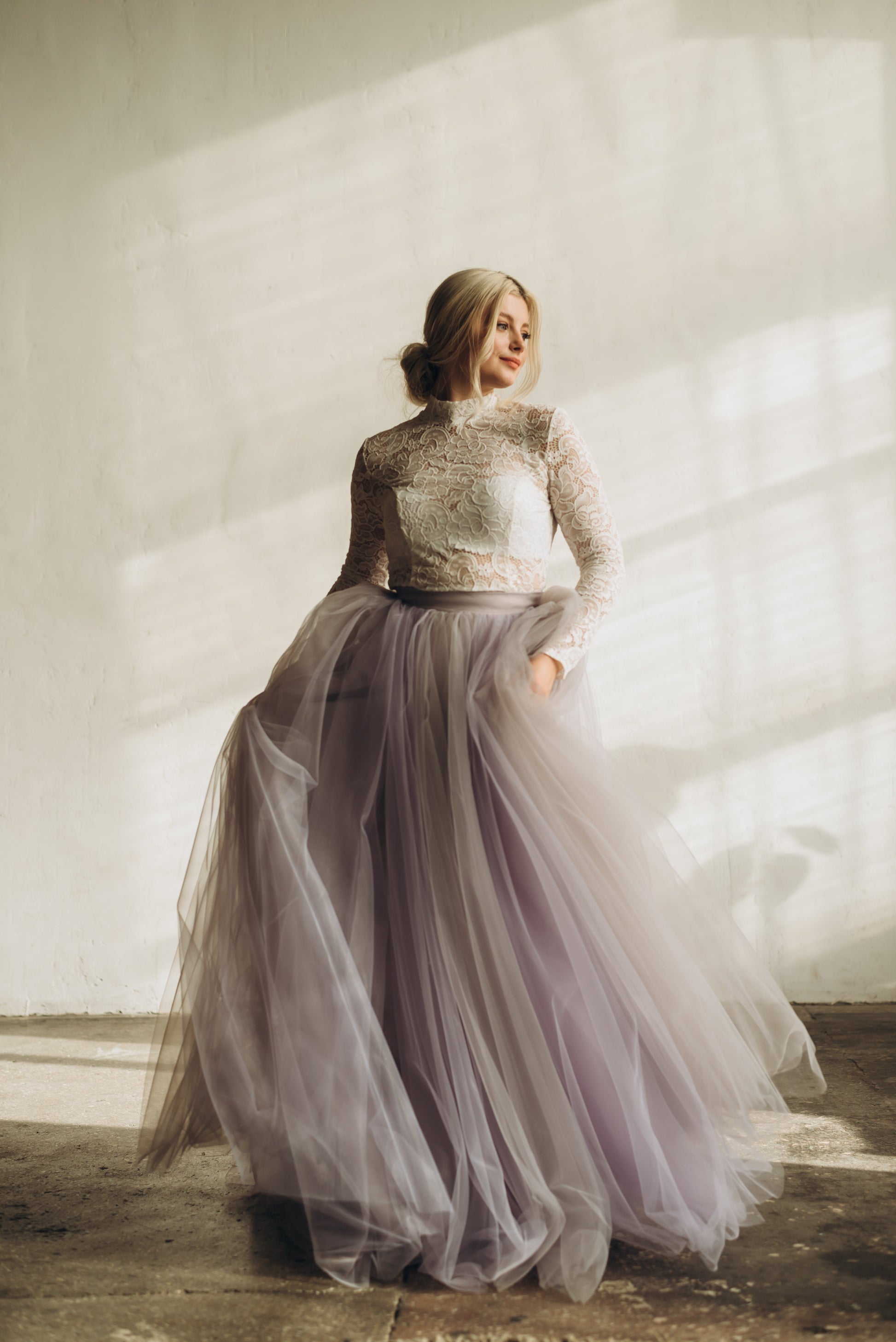 Lilac and grey maxi tulle skirt for an alternative nature-inspired wedding.
